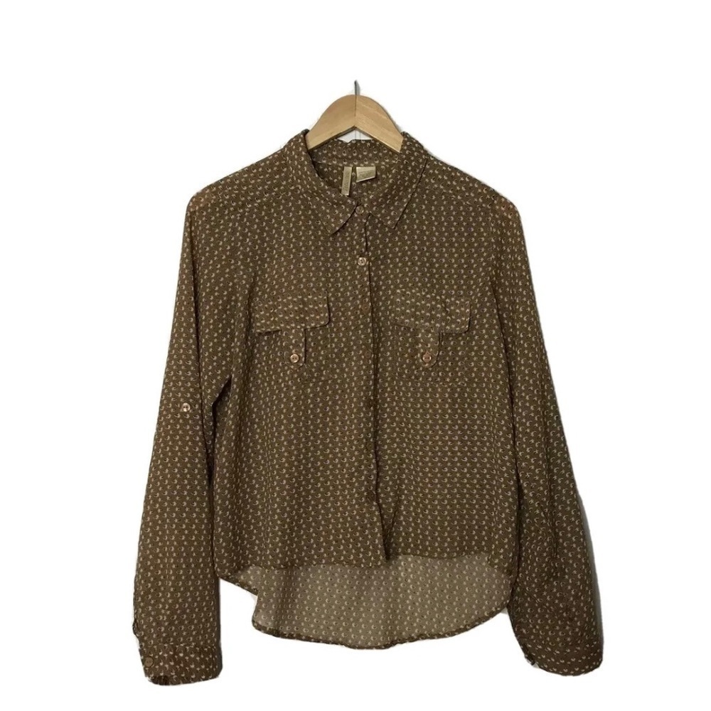 Passport Womens‎ Blouse Size M Semi Sheer Pockets Hi Low Brown Floral Roll Tab